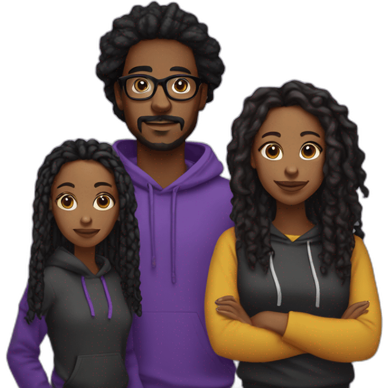 young with mustache Black digital creator with glasses and black locs and purple sweatshirt holding two black women emoji