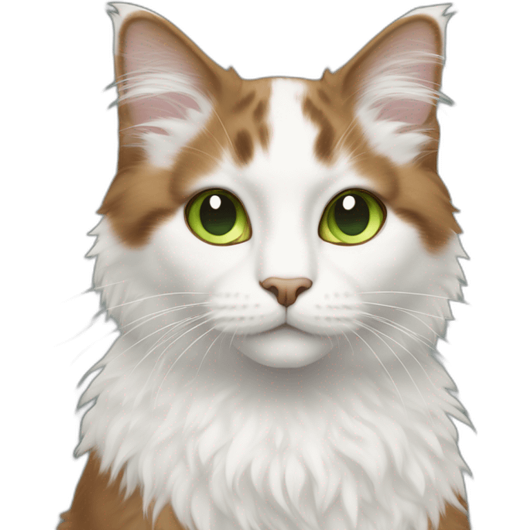 white fluffy bi-colour cat with brown ears and upper head, brown ears and green eyes emoji