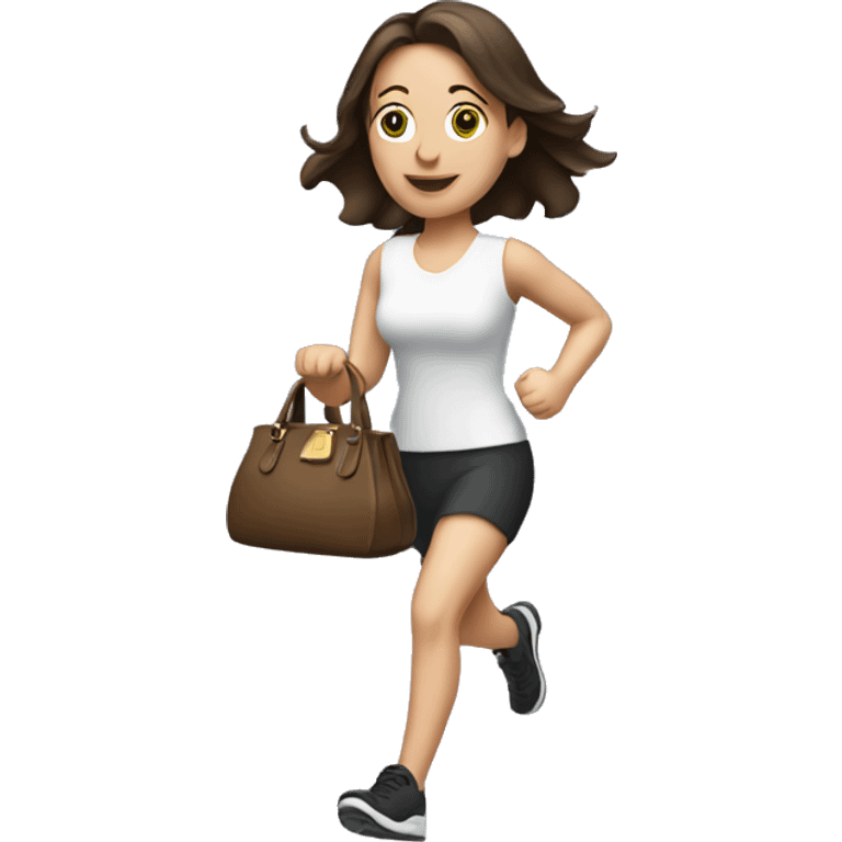 brunette caucasian woman dressed nice running with a purse emoji