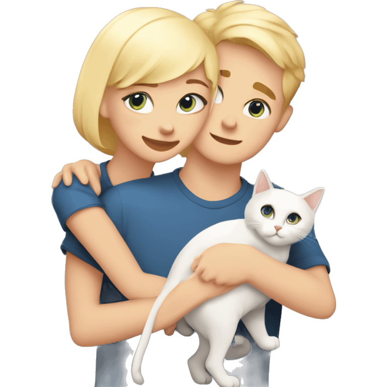 Guy with blue eyes and very short hair is hugging a girl with a blond bob hair cut. There are their two cats. One cat is orange and white and another one grey and white. Cats are very fluffy emoji