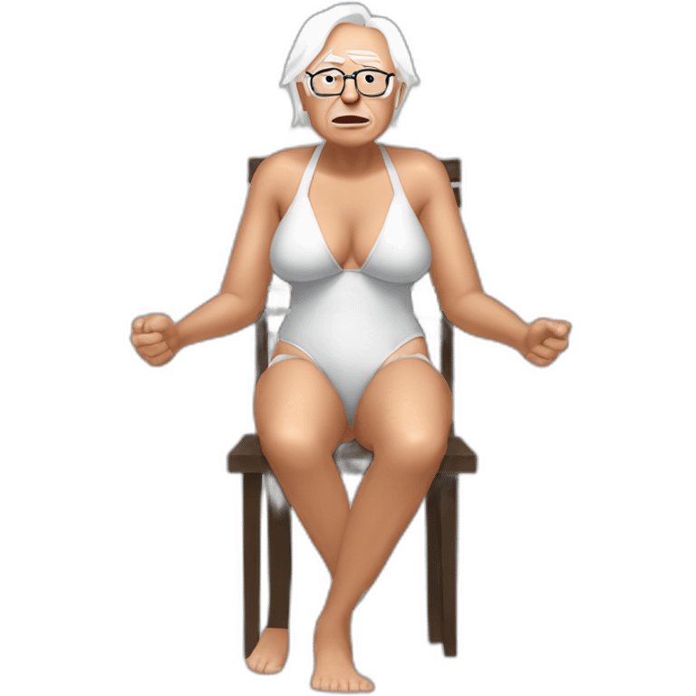 bernie sanders wearing string bikini acting out that scene from basic instinct sitting facing forward legs apart(full body, ios17, sitting legs spread apart) emoji