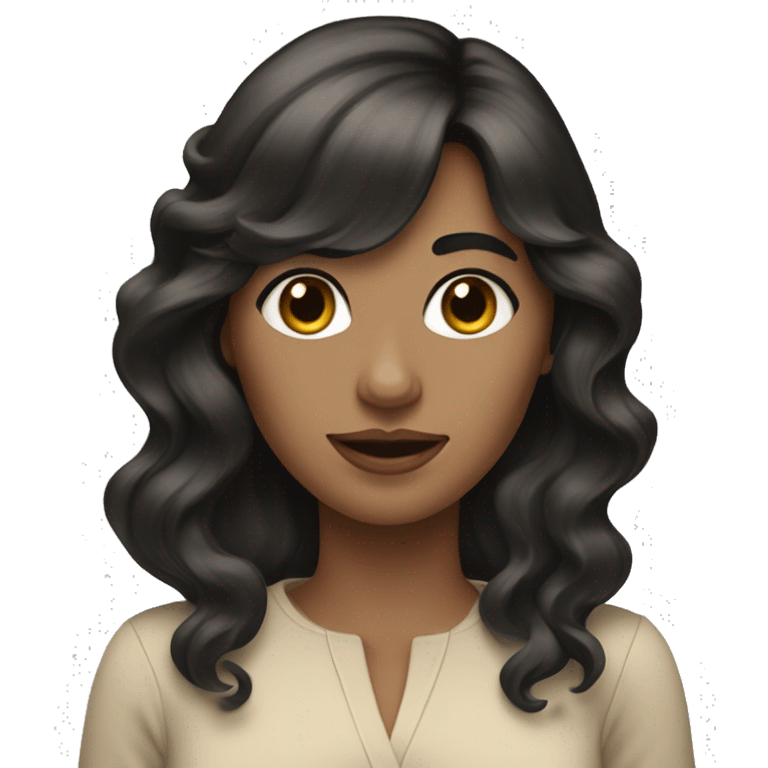 lady with long wavy Black hair beige clothes and bangs emoji