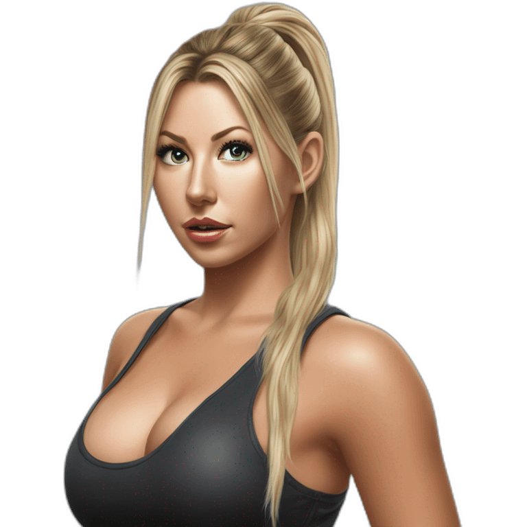 Hyper-realistic painting samantha saint pony tail kneeling pose behind view emoji