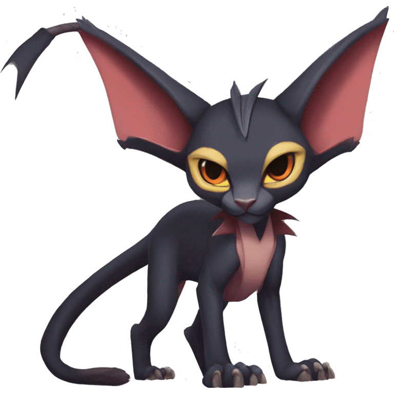 Black cool vampiric Noivern-Litten-Sphynx-Lykoi-Caracal-Fakemon with big bat ears full-body emoji