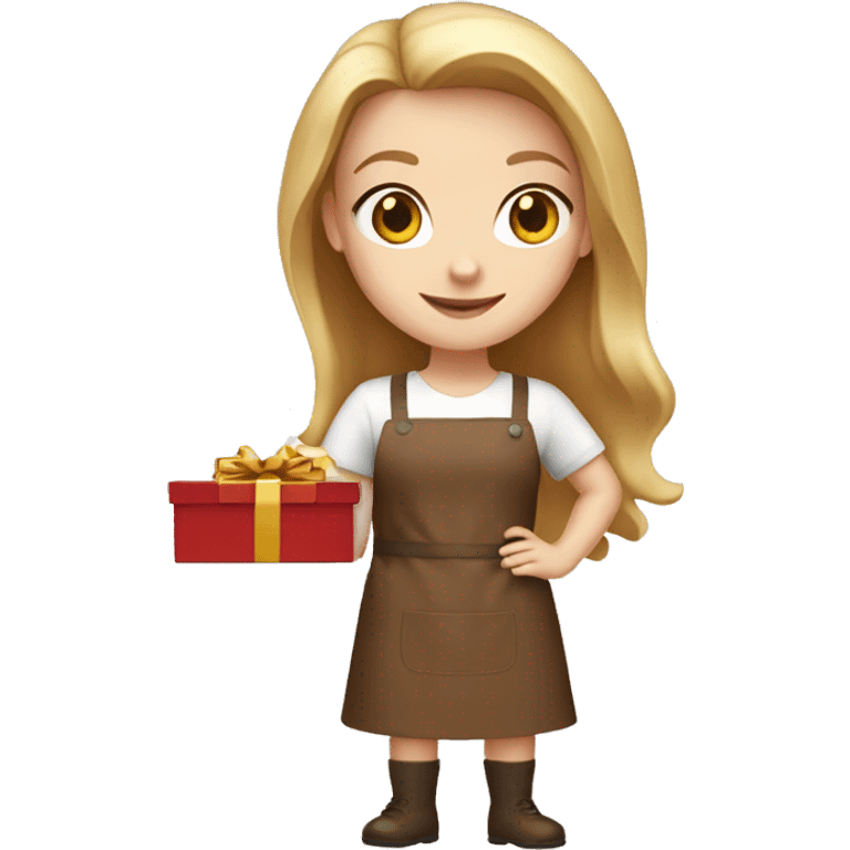 white girl in brown apron with gift box emoji