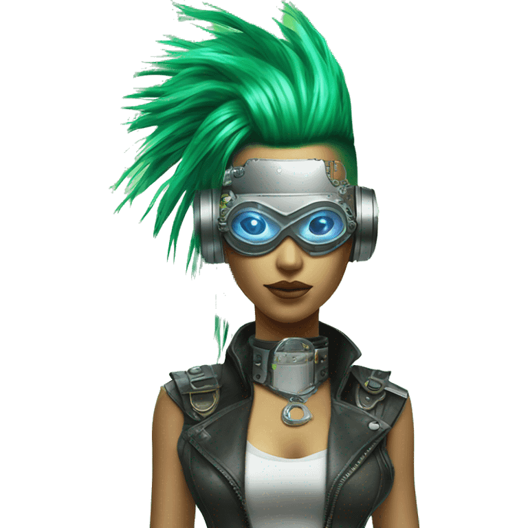 Neon green Mohawk hair Asian female cyborg head with silver steampunk goggles and circuits emoji