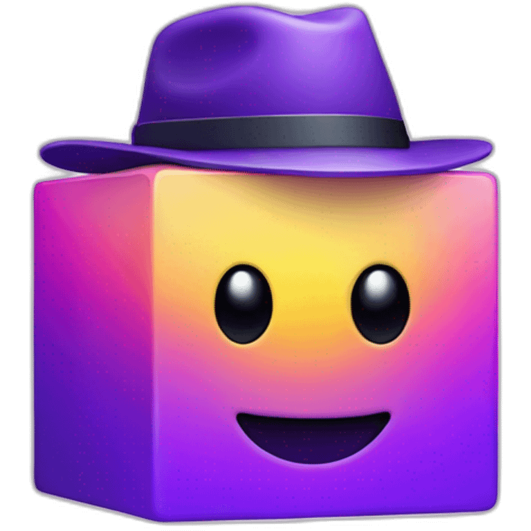 purple gradient smiling cube with 2 hands on its side and 2 legs below with a hat emoji