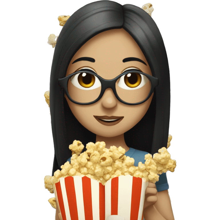 Pale girl with long black hair eating popcorn with cinema glasses emoji