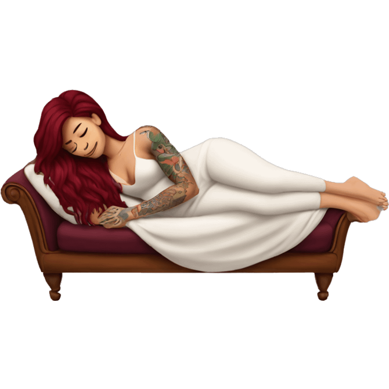 Beautiful tattooed burgundy long haired woman napping on sofa emoji