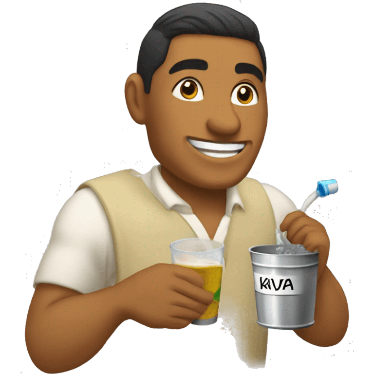 A tongan man with a name tag that says Tavake and he is drinking a bucket of kava emoji