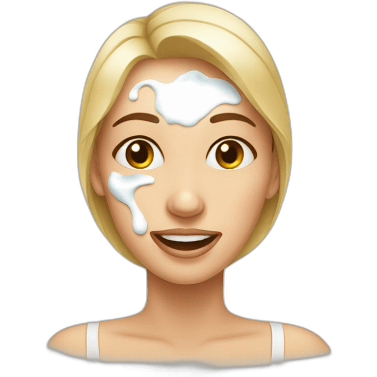 Woman with milk spilled on her face with satisfactory expression emoji