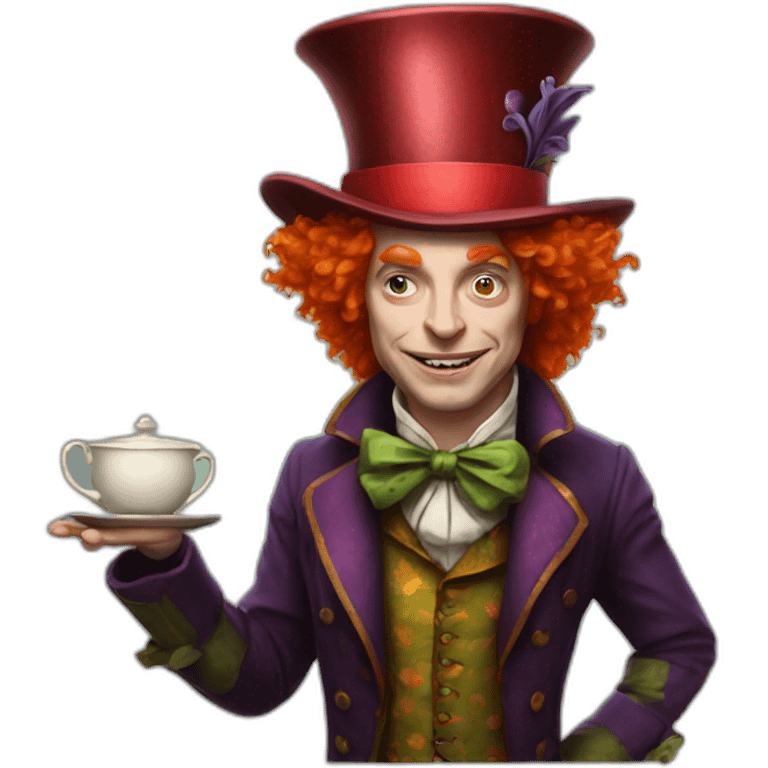 Mad hatter with red hair and a tea steer emoji