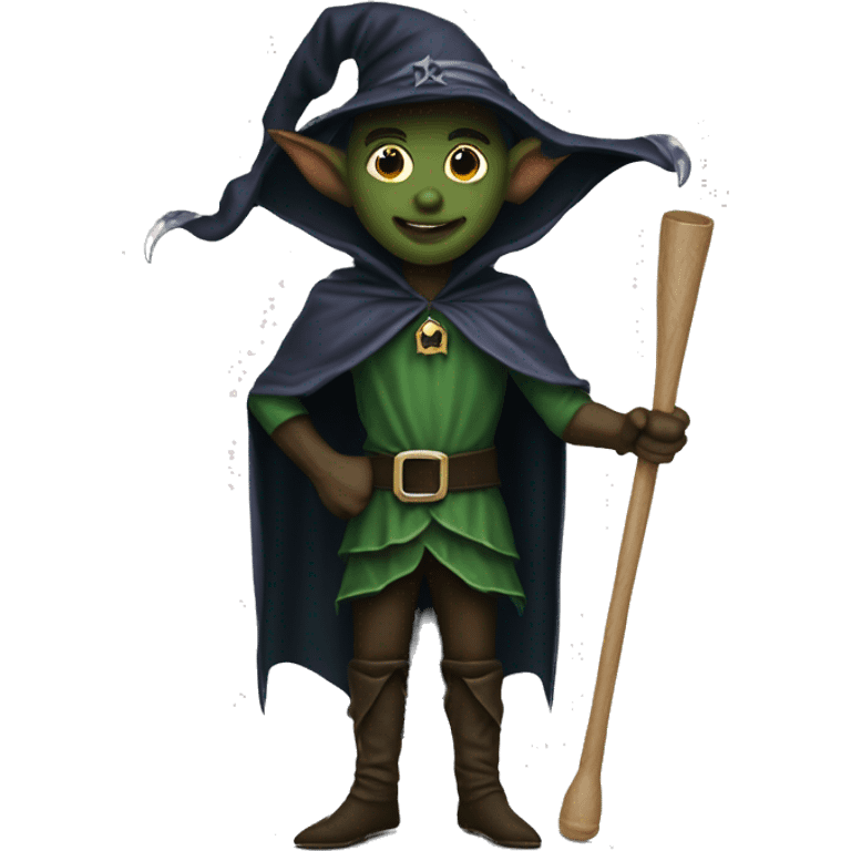 Elf dark sorcerer with a crescent moon hat, holding a bat, Halloween theme, emoji emoji