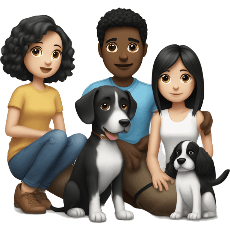 girl with white skin and black hair sitting next to a man with white skin and black hair, and a black and white colored dog sitting next to them and also a brown dog sitting next to them emoji