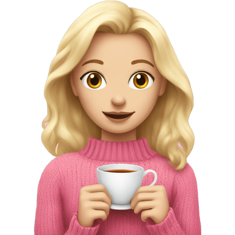 blonde hair girl holding a tea and pink jumper on emoji