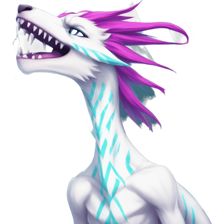 White badass elegant wild beautiful natural cute badass epic anthro modern albino sergal-vernid-creature with cyan mane and magenta eyes with cyan edgy stripes, full body, blue pretty hair, outside, modern, aesthetic, art by LiLaiRa, art by art by Falvie emoji