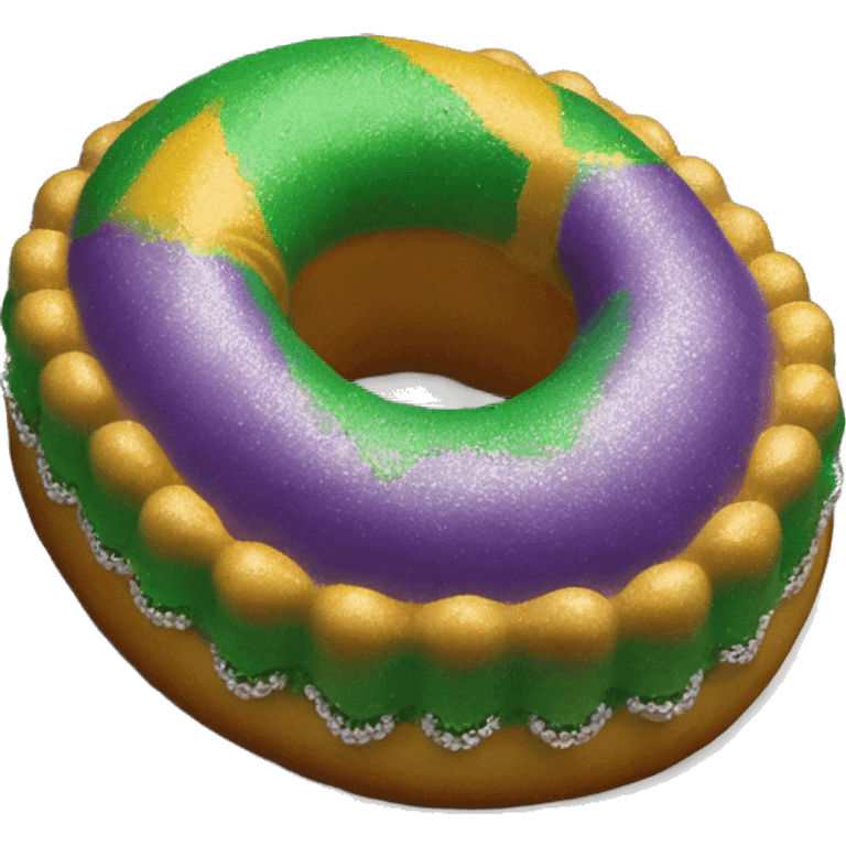 Realistic isolated King Cake with Mardi Gras beads layed across the top of the  cake and small plastic baby to the side. emoji