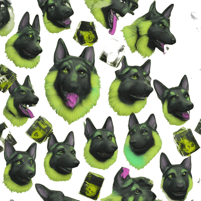 .Zombie_ Vaporwave black holographic oilslick zombie German shepherd dog yellow caution tape graffiti neon yellow stripes emoji