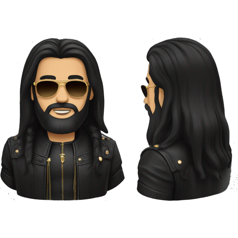 A man with long black hair, sunglasses, beard and leather outfit. He has two golden rings on his fingers emoji