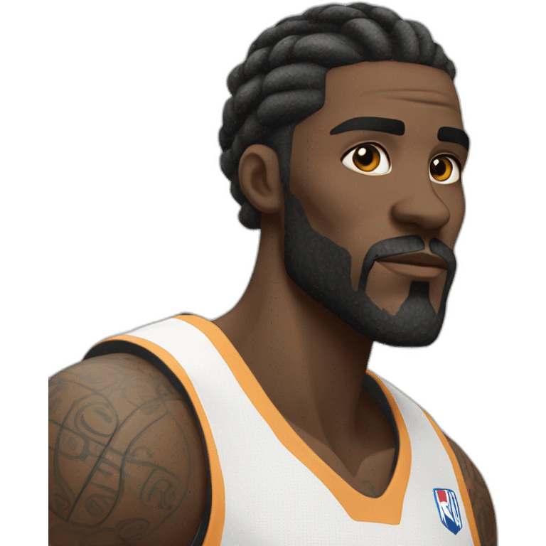 dark skin basketball player with tattoos, beard, short braided hair wearinf black and white jersey emoji