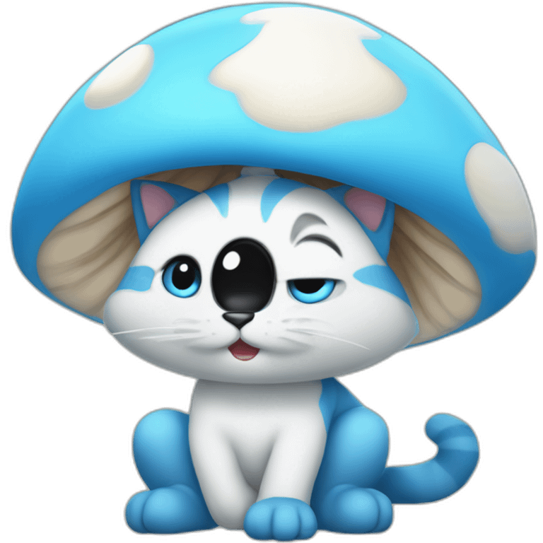 Blue smurf cat with large black eyes wearing a large white mushroom on his head casting a show on his face with a neutral face emoji