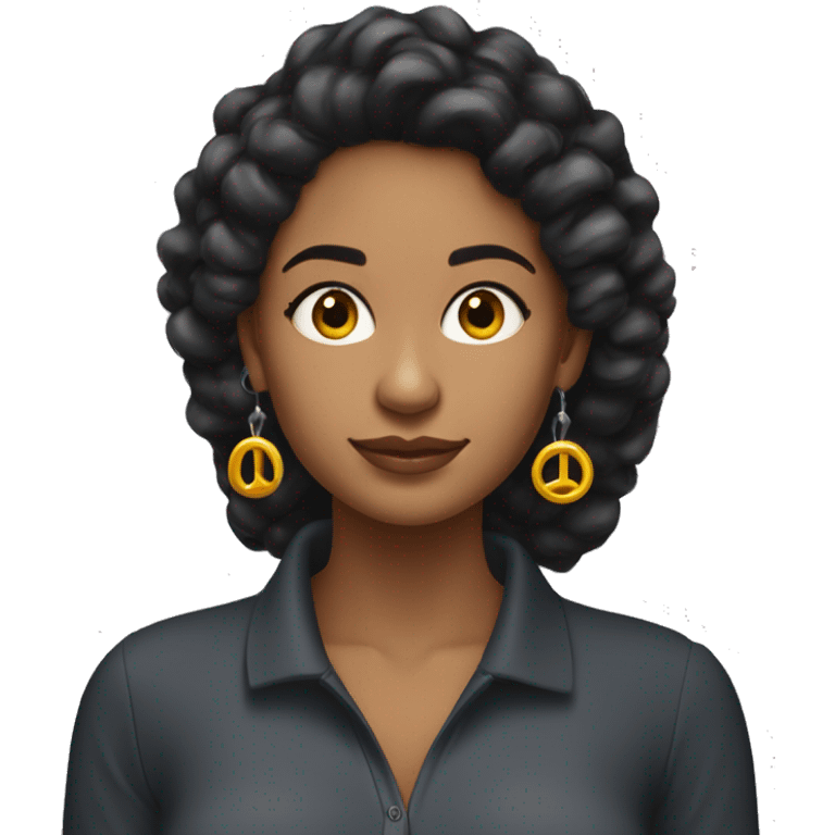 Mujer morena con pelo negro largo con pendientes circulares con sueter polo negro  emoji