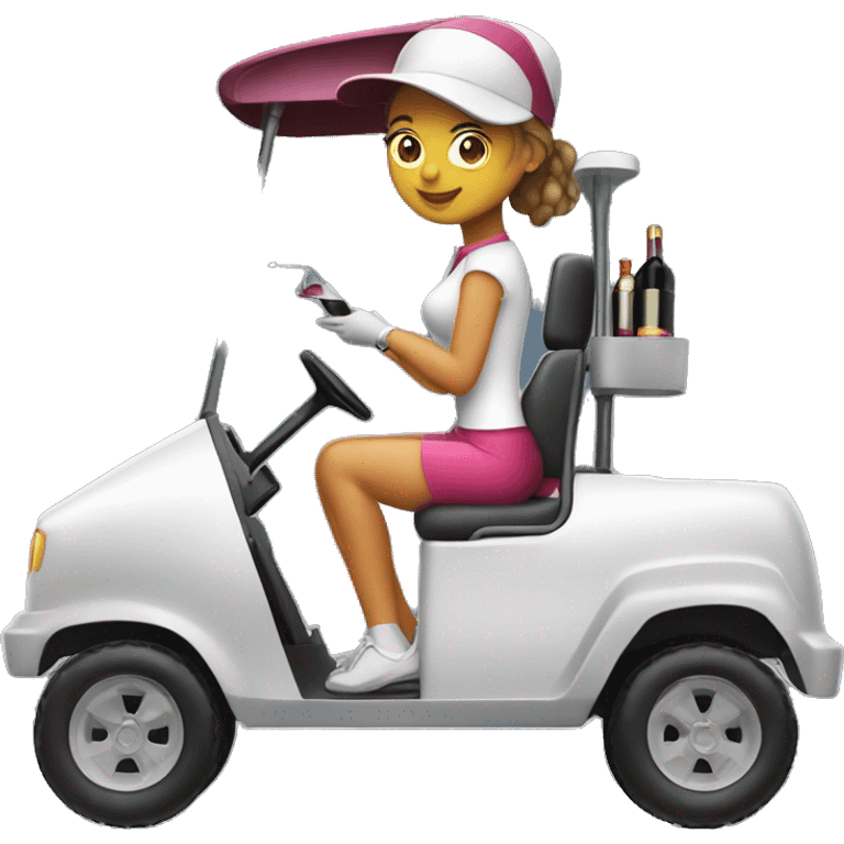 Girl driving golf cart with a wine in hand and a small zip lock bag emoji