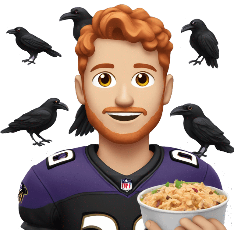 a red-haired young man wearing a ravens jersey and eating a chipotle burrito bowl emoji