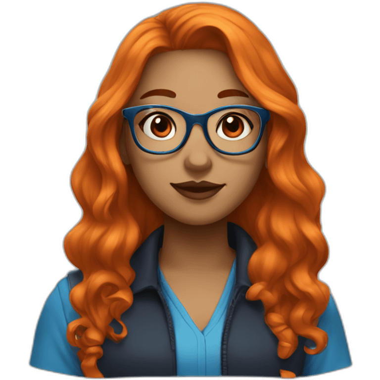 A girl with orange/black long curvy hair, blue glasses and a blue blousse emoji