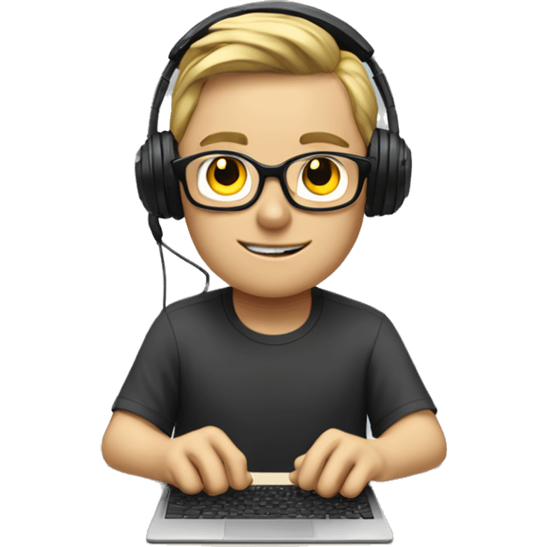 white boy with glasses and gaming headset sitting at desk on desktop computer  emoji