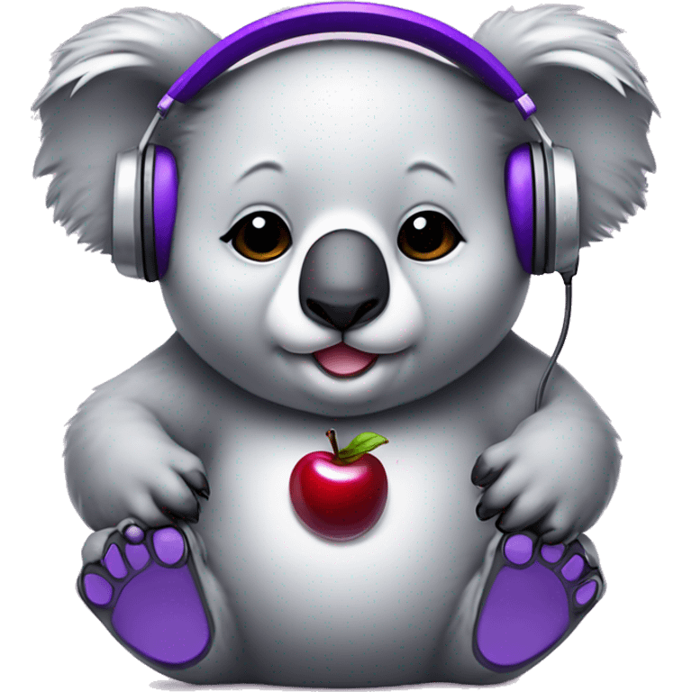 cute chubby koala wearing purple chrome headphones with a cherry symbol on its chest   emoji