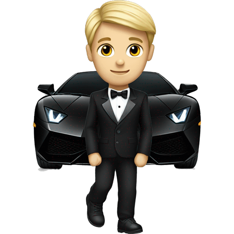 Boy driving black lamborghini in a tuxedo emoji