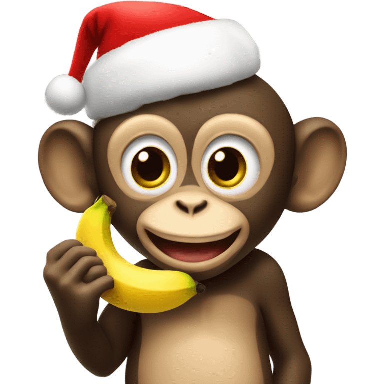 Happy little cartoon monkey eating a banana wearing a Christmas hat emoji