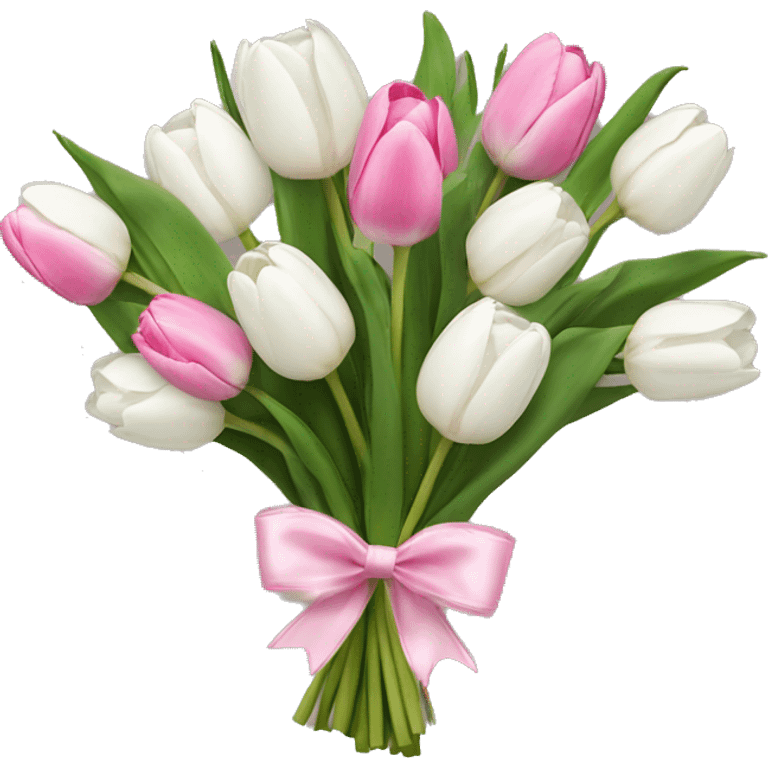 bouquet of white tulips and some pink tulips with a bow around it emoji