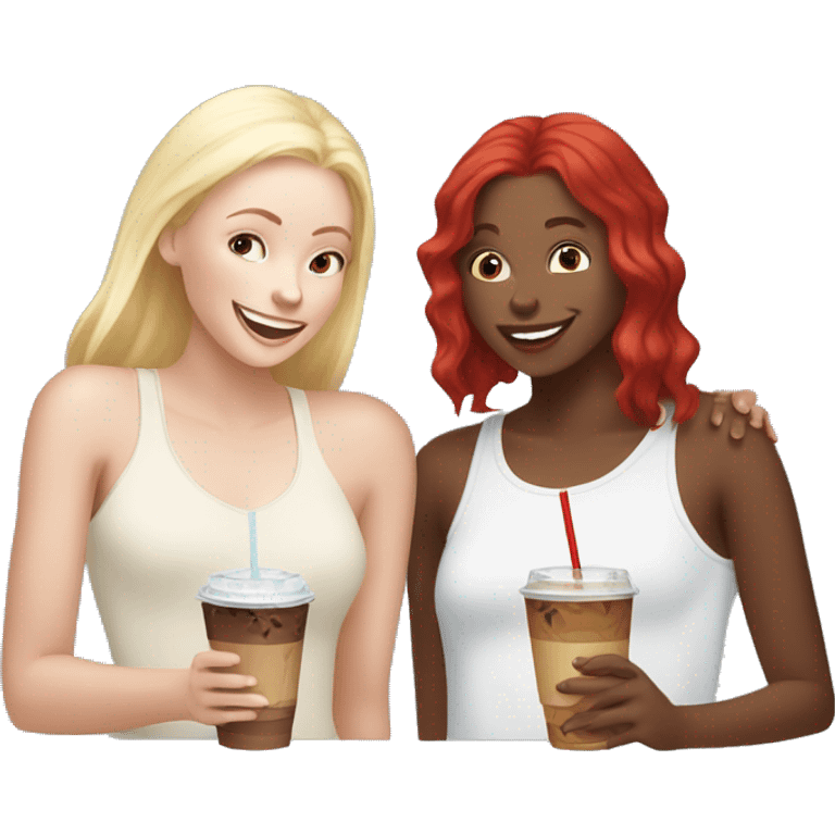 White Blonde girl and white red hair girl secretly giggling together drinking iced coffees  emoji