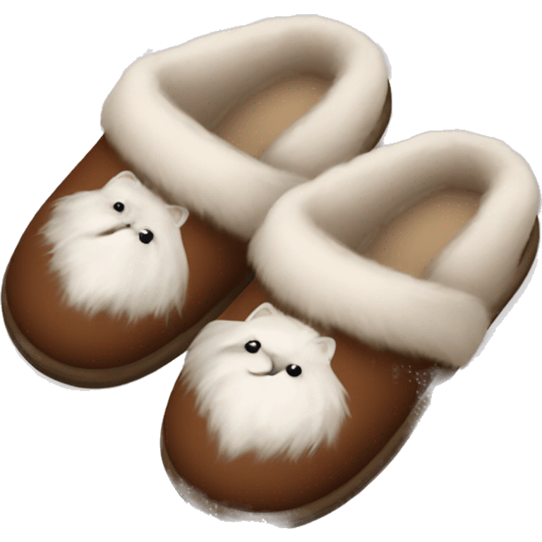 Brown pair of slippers with white fur emoji