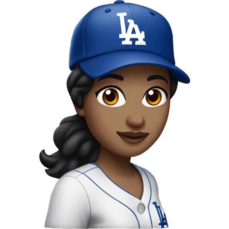 Woman, black hair, fair skin, brown eyes, LA Dodgers hat, birthday party emoji