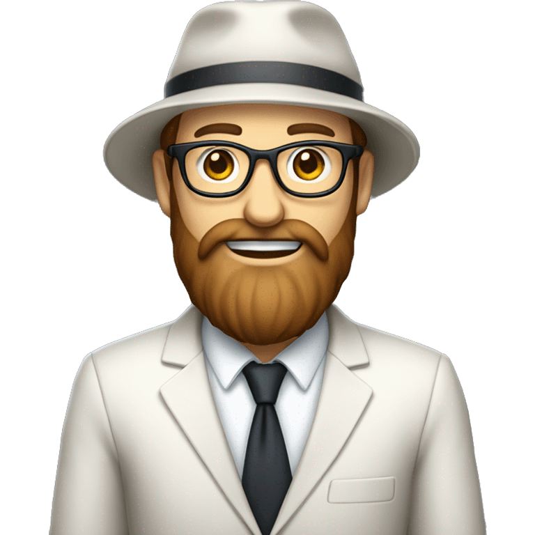 beautiful man, suit, long brown beard, white skin, smile, beret hat, glasses, full-body (slim) emoji