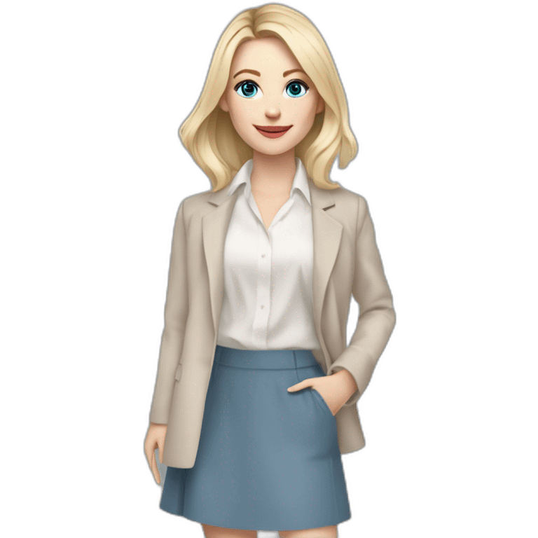 pale skin woman interior designer with cold blonde middle length hair, blue eyes, beige blouse, White oversize jacket, Gray skirt holding a color palette in the hands emoji