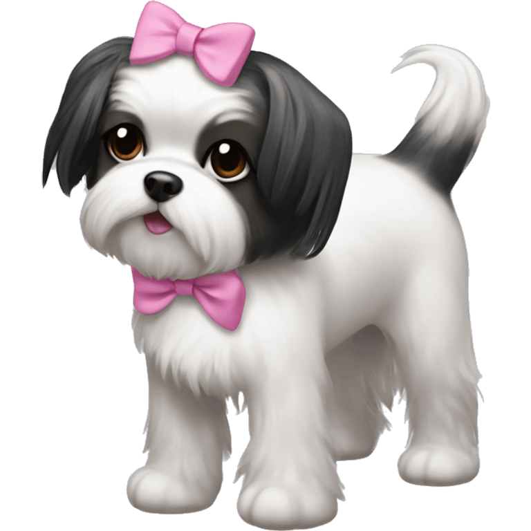 Girl dog shitzu with black and white hair with a side ponytail and a pink bow on her head emoji