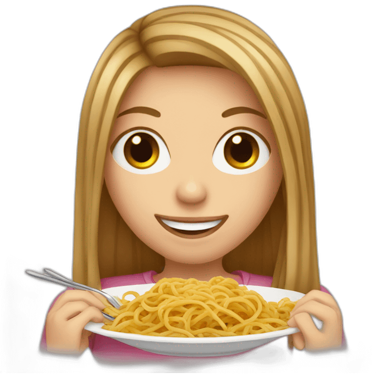 White girl with long brown hair eats spaghetti emoji