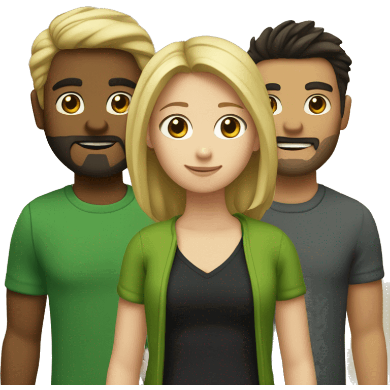 two girls and one guy. one of the girls is a blonde in a green sweater, the other has brown hair and a black sweater, in the middle is a guy with dark hair and a beard emoji