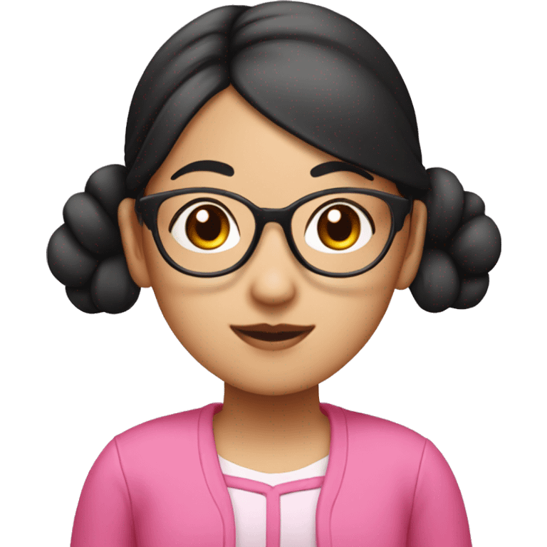 "An Asian girl with black hair, wearing glasses, and dressed in a pink outfit. Her hair is styled in two buns on either side." emoji