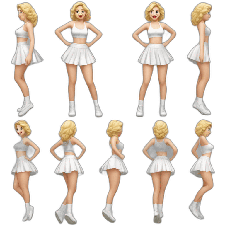 Hyperrealistic Full body Caucasian curvy beauty jumping short white skirt back and front views strong wind knickers long white socks emoji