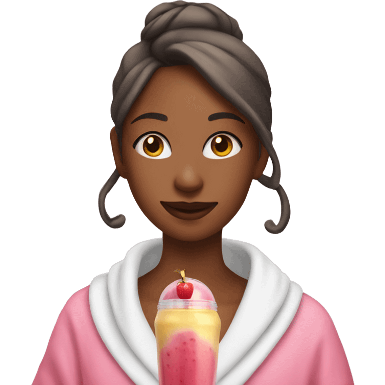 Girl in pink bathrobe with smoothie in hand emoji