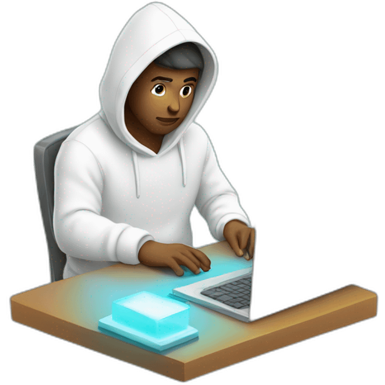 developer using white hoodie at computer iridescent light emoji