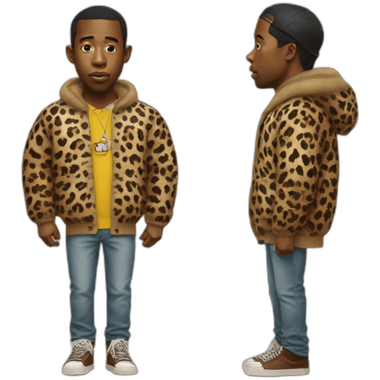 hyper realistic Tyler The Creator with chapka and leopard cardigan emoji