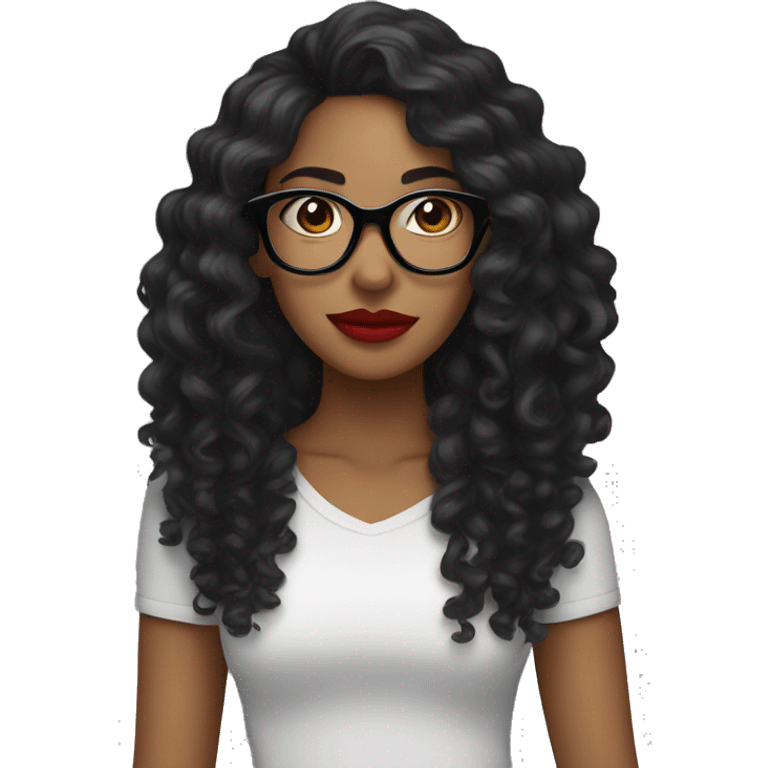 Head, woman dark tan skin with long black curly hair, red lipstick wearing eyeglasses  emoji