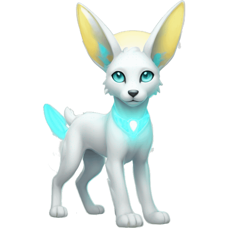 Shiny White Angelic Godly Ethereal Majestic Electric Albino Umbreon. cyan eyes and cyan markings. Golden Anubis-rings. full body emoji