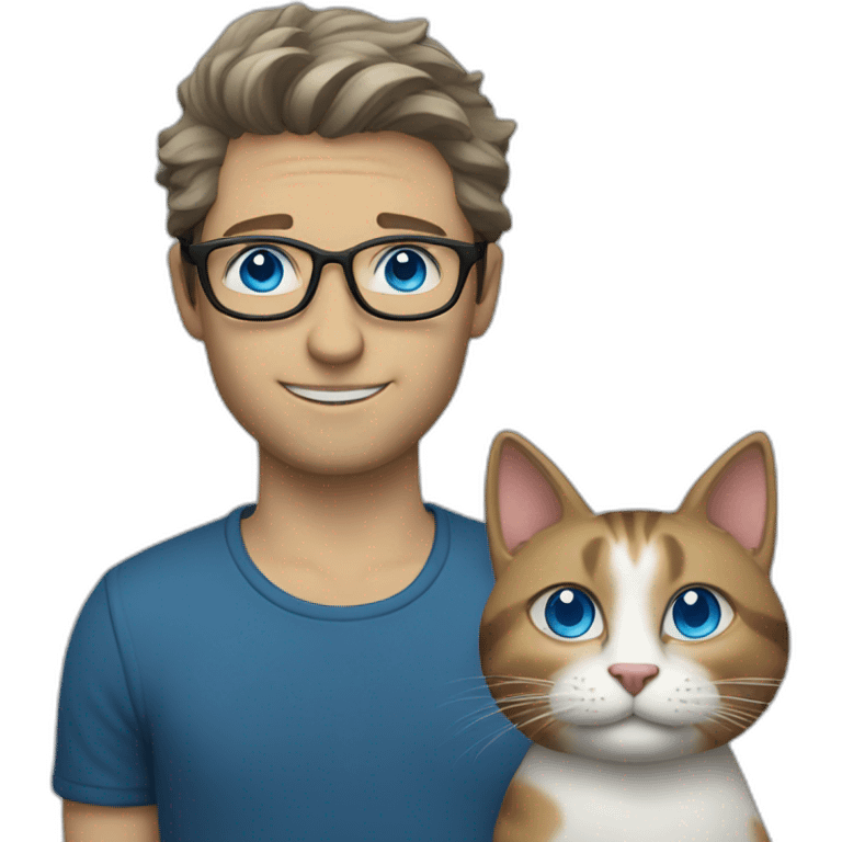  a man in round glasses with blue eyes, long hair, a cat in his arms emoji